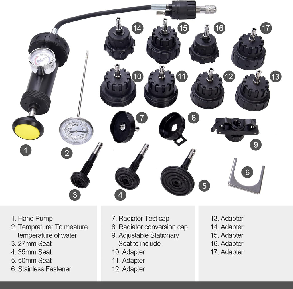 17pcs Radiator Pressure Tester Kit, Vacuum Pump Type Cooling System, Black S250
