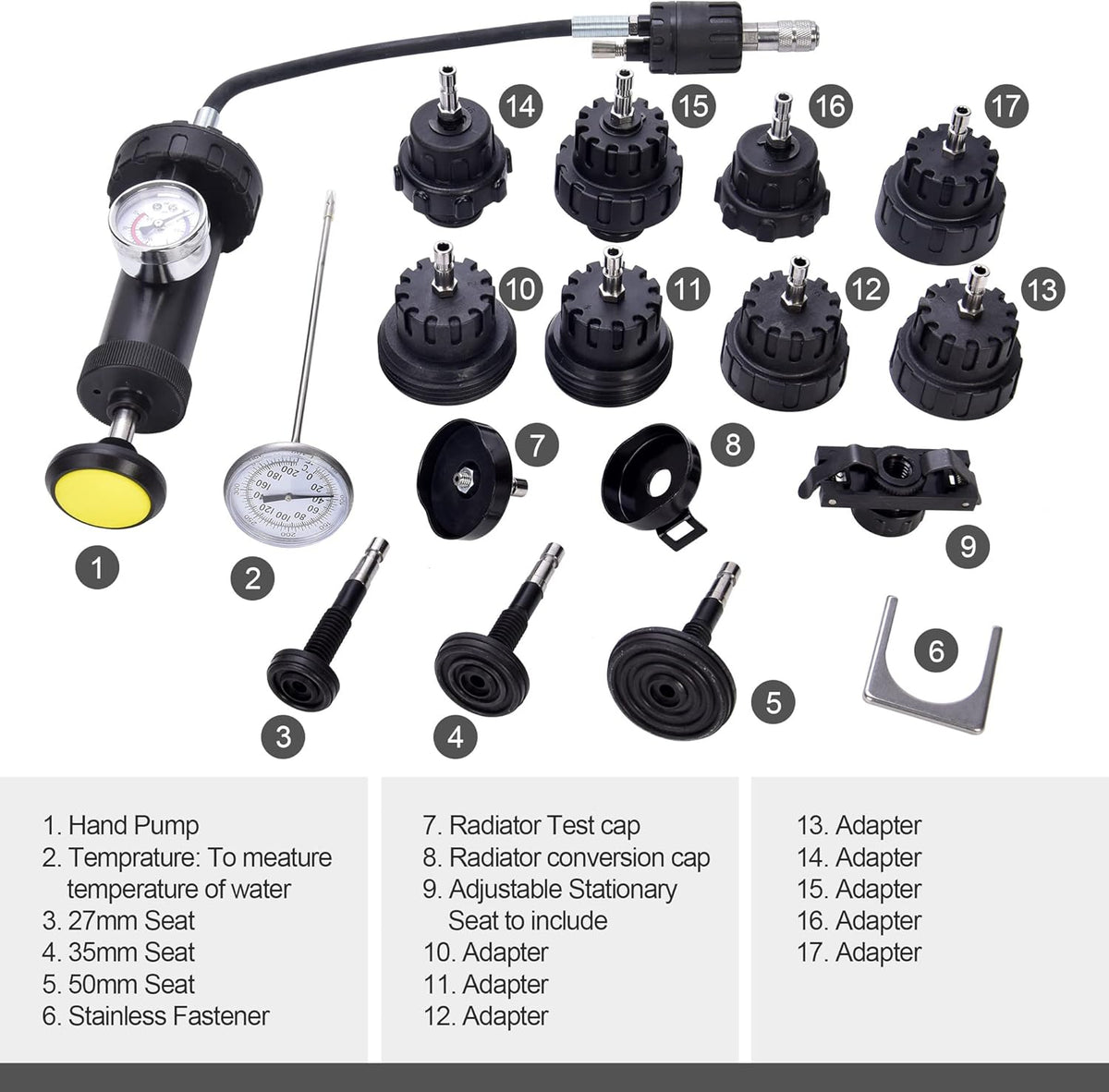 17pcs Radiator Pressure Tester Kit, Vacuum Pump Type Cooling System, Black S250